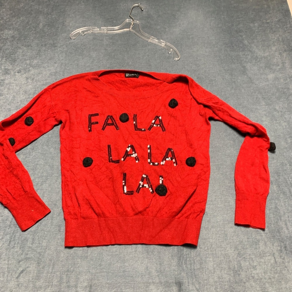 New York & Company Fa La La Lai Sweater Womens Large Black Red Crew Neck Winter
